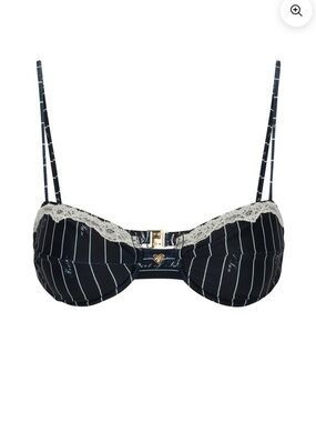 Pinstripe Balconette Swim Top with Cream Lace Trim - Navy